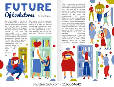 Future of book store infographics with people during choice and reading of literature flat vector illustration 