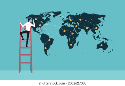 Future business developments strategy. Businessman drawing the world map and the main points to expand new business.