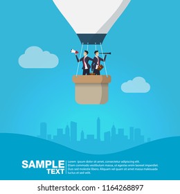 Future Business Leader Concept Finance Manager Business Man on hot air balloon  with clouds  Control compass .Flat Isometric Vector illustration.