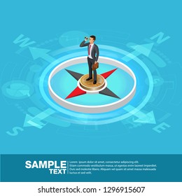 Future Business Leader Concept Finance Manager Business Man On Compass.Flat Isometric People Vector Investor Trader  Future Vision Individual Success.