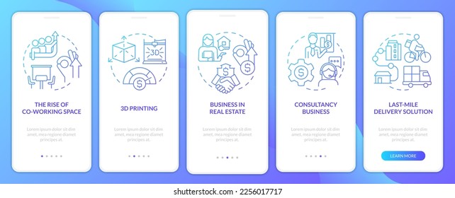 Future business trends blue gradient onboarding mobile app screen. Walkthrough 5 steps graphic instructions with linear concepts. UI, UX, GUI template. Myriad Pro-Bold, Regular fonts used
