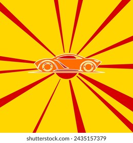 Future car symbol on a background of red flash explosion radial lines. The large orange symbol is located in the center of the sun, symbolizing the sunrise. Vector illustration on yellow background