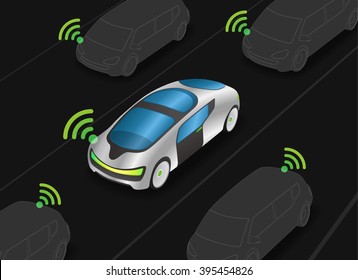 Future car and wireless communication, (IoT)internet of things, C2C, V2V, image illustration