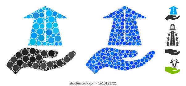 Future care hand mosaic of spheric dots in various sizes and color tinges, based on future care hand icon. Vector round dots are combined into blue mosaic.
