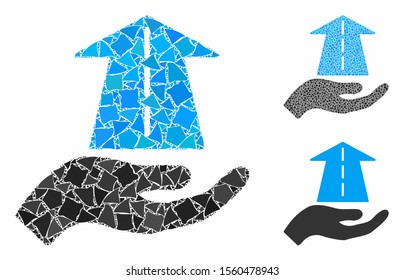 Future care hand mosaic of tuberous elements in variable sizes and shades, based on future care hand icon. Vector tuberous elements are combined into composition.
