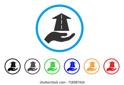 Future Care Hand rounded icon. Style is a flat future care hand gray symbol inside light blue circle with black, gray, green, blue, red, orange variants.
