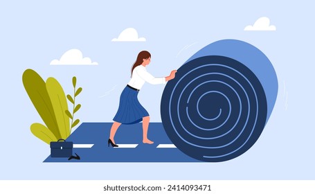 Future career construction and business success. Woman unrolling highway road roll forward to create unique own way, build professional benefits, motivation and opportunity cartoon vector illustration