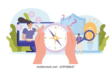 Future career search flat concept with compass and magnifier in human hands question and lighting bulb signs vector illustration