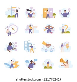 Future career search flat icons set with people thinking about finding work or personal growth isolated vector illustration