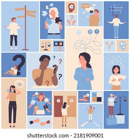 Future choice and decision critical mindset, psychology set vector illustration. Cartoon people in doubt decide life problem, think and choose right door and direction in geometric collage background