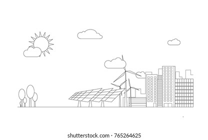 Future cities, with skyscrapers, solar and wind power and beautiful environments, vector illustrations