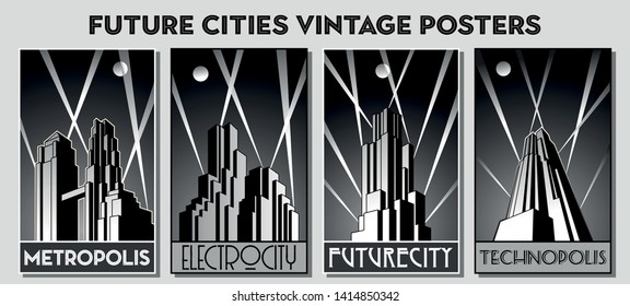Future Cities Vintage Posters Stylization, Black and White Placards 1920s Style