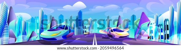 Future city with automobile drive road.\
Futuristic glass building and modern flying cars of unusual shapes.\
Alien urban architecture skyscrapers or fantasy cityscape cartoon\
vector illustration.