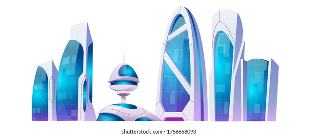 Future city buildings, futuristic skyscrapers isolated on white background. Vector cartoon set of modern office buildings and houses. Science fiction architecture