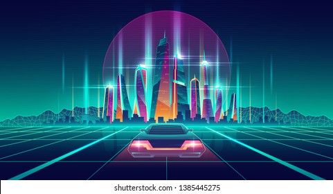 Future city digital simulation in virtual reality cartoon vector futuristic background. Racing car going on glossy surface with neon grid to metropolis illuminated skyscrapers buildings illustration
