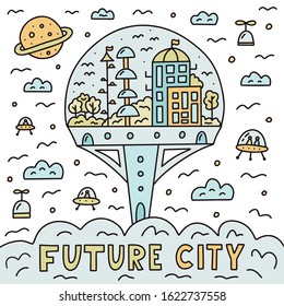 Future city. Doodle style. City under the dome and flying machines. Print for posters, t-shirts and other. Vector illustration. 