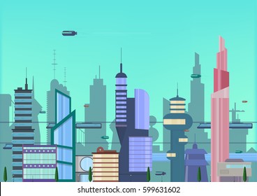 future city flat illustration. urban cityscape template with modern buildings and futuristic traffic. banner for web design.