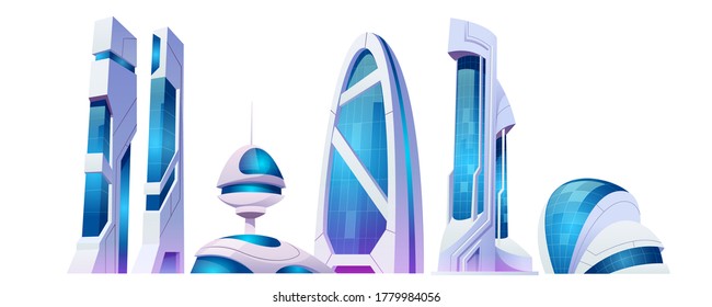 Future city, futuristic buildings with glass facade and unusual shapes isolated on white background. Modern style architecture towers and skyscrapers. Alien urban cityscape design, Cartoon vector set