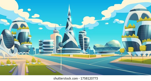 Future city, futuristic glass buildings of unusual shapes and green plants along empty road. Modern architecture towers and skyscrapers. Alien urban dwellings design, Cartoon vector illustration