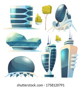 Future city, futuristic glass buildings of unusual shapes and green plants isolated on white background. Modern architecture towers and skyscrapers. Alien urban dwellings design, Cartoon vector set