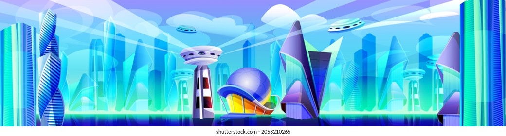 Future City With Futuristic Glass Buildings Of Unusual Shapes. Cartoon Alien Urban Cityscape. Modern Style Architecture Towers, Skyscrapers. Metropolis Landscape With Flying Town Parts And Spaceship.