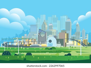 Futuro ciudad futurista Modern arquitectura torres y rascacielos y plantas verdes a lo largo de camino vacío verde inteligente ciudad ilustración de paisaje