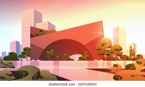 future city futuristic unusual shapes buildings and green trees modern architecture urban town sunset cityscape background