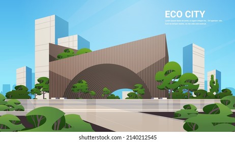 future city futuristic unusual shapes buildings and green trees modern architecture urban town cityscape background