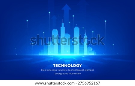 Future city glows with blue light. Skyline rises above glowing waters. Tall buildings pulse with digital energy. Arrow points upward, symbolizing growth. Tech advances with light and motion