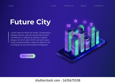Future City high technology city website page concept with isometric downtown.