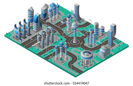 Future City Isometric Composition With Futuristic Buildings Of Different Construction Road And Park Vector Illustration