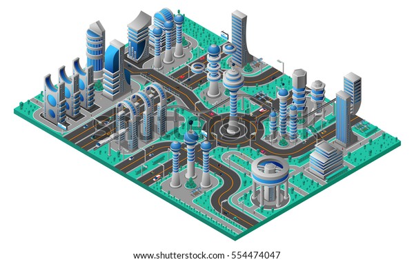 Future
city isometric composition with futuristic buildings of different
construction road and park vector
illustration