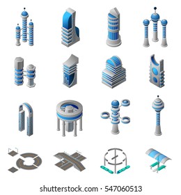 Future City Isometric Icons Set Of Conceptual Building Of Futuristic Construction And Architecture Isolated Vector Illustration