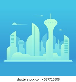 Future City Landscape Illustration. Cityscape With Abstract Buildings And Blue Sky. Cartoon Vector Background.