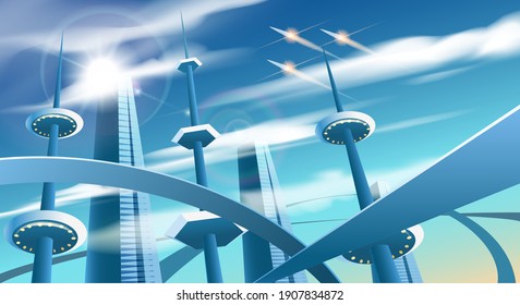 Future city landscape. Modern transport bridges and amazing constructions in futuristic town vector illustration concept, highways and buildings urban panorama background