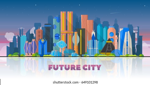 Future city landscape in sky background. Urban skyline concept modern architecture. Image for presentation, banner, web site.