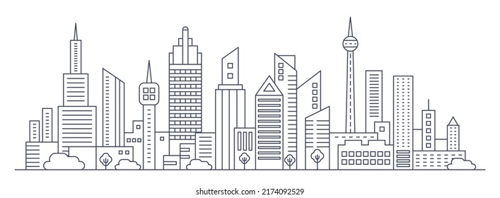 Future city with modern high buildings and towers thin line infographic vector illustration. Abstract outline skyline, panorama cityscape with downtown houses, constructions and trees background