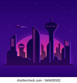 Future City Night Landscape Illustration. Cityscape With Neon Lights And Abstract Buildings. Cartoon Vector Background.