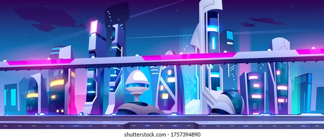 Future city, night town with skyscrapers and overpass with neon lights. Vector cartoon illustration of cityscape with futuristic buildings and road. Cyberpunk urban landscape