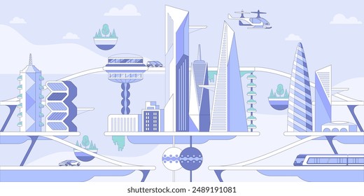 Future city panorama flat vector illustration. Panoramic metropolis, futuristic urban architecture and eco friendly vehicles. High tech transportation, electric car, flying drone and speed train