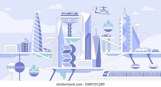 Future city panorama flat vector illustration. Panoramic metropolis, futuristic urban architecture and eco friendly vehicles. High tech transportation, electric car, flying drone and speed train