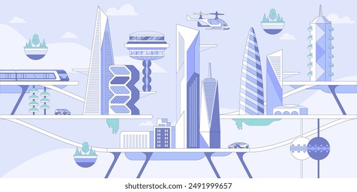 Zukünftige Stadt Panorama flache Vektorillustration. Panorama-Metropole, futuristische Stadtarchitektur und umweltfreundliche Fahrzeuge. High-Tech-Transport, Elektroauto, fliegende Drohne und Hochgeschwindigkeitszug