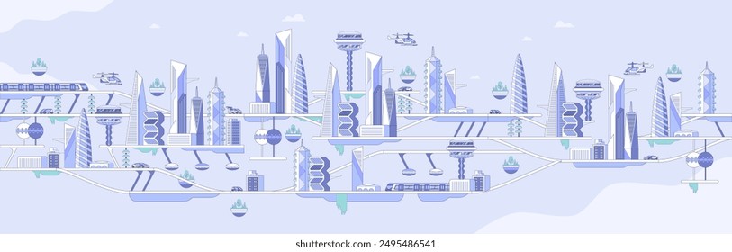 Future city panorama flat vector illustration. Panoramic metropolis, futuristic urban architecture and eco friendly vehicles. High tech transportation, electric car, flying drone and speed train