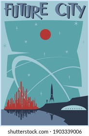 Future City Retro Future Space Poster, Mid Century Modern Style Illustration, Cityscape Silhouette, Space Rocket