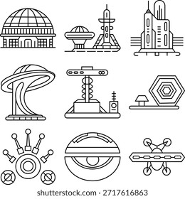 Future city and science fiction technology line art icons