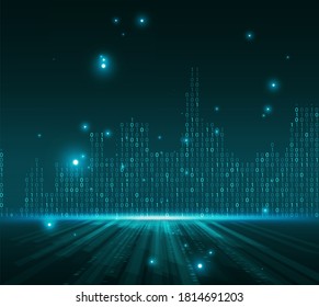 Future city skyline illustration. Binary code number data flow. Graphic concept for your design
