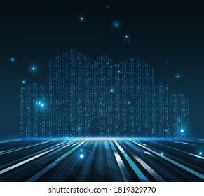 Future city skyline illustration. Binary code number data flow. Graphic concept for your design