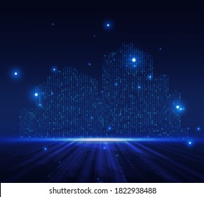 Future city skyline illustration. Binary code number data flow. Graphic concept for your design