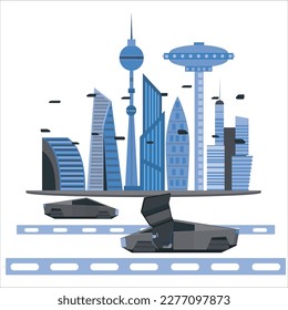 Future city skyline panorama 3D scene. Futuristic cityscape concept illustration: modern skyscrapers, office high towers, city tall buildings. Panoramic urban view of metropolis town, sky background