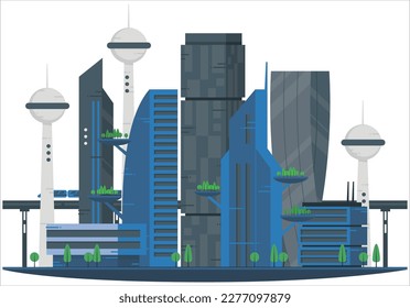 Künftige Stadt Skyline Panorama 3D-Szene. Futuristische cityscape Creative Concept Illustration: Wolkenkratzer, Türme, hohe Gebäude, fliegende Fahrzeuge. Panoramasicht auf die Stadt Megapolis, Himmelshintergrund